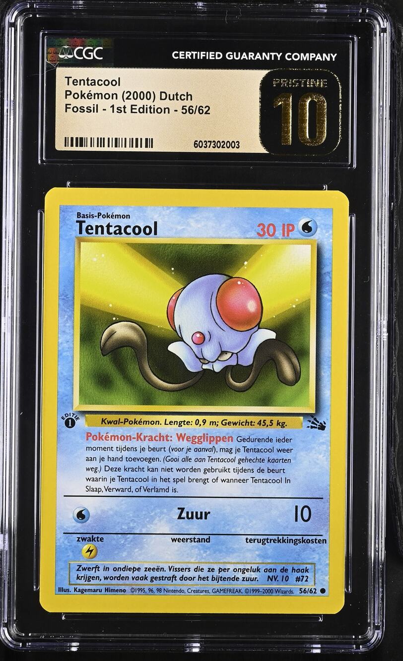CGC 10 PRISTINE Tentacool 1st Edition 56/62 Pokémon 1999 Dutch Fossil (PSA/BGS)